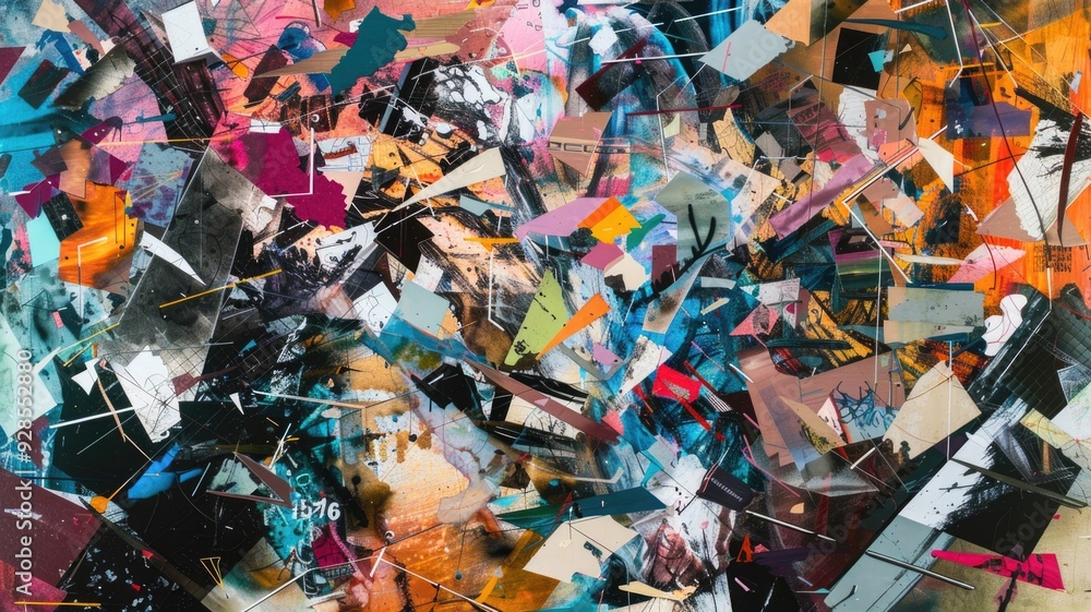 A chaotic blend of images depicting various abstract concepts, colors, and shapes, all layered together A chaotic blend of images depicting various abstract concepts, colors, and shapes, all layered together