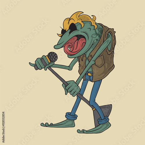 retro cartoon mascot of rock singer frog photo