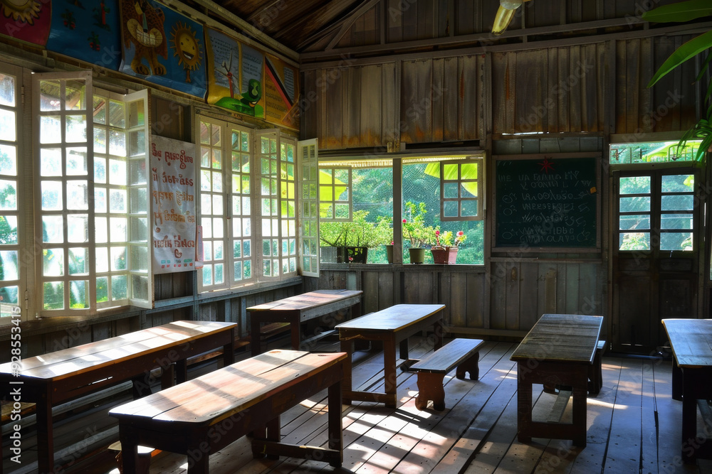 Fototapeta premium A spacious, rustic classroom with wooden tables and benches, large windows, and exposed beams on the ceiling.