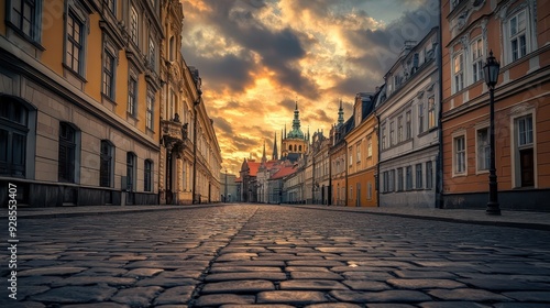 A picturesque street at sunset, showcasing historical architecture and cobblestone roads.