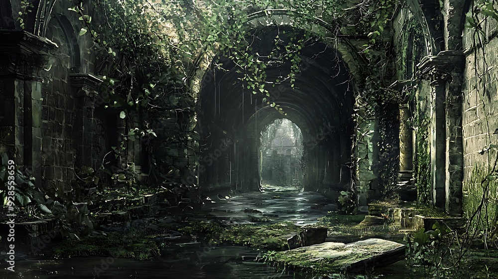 Obraz premium A hidden subterranean city with crumbling archways and statues