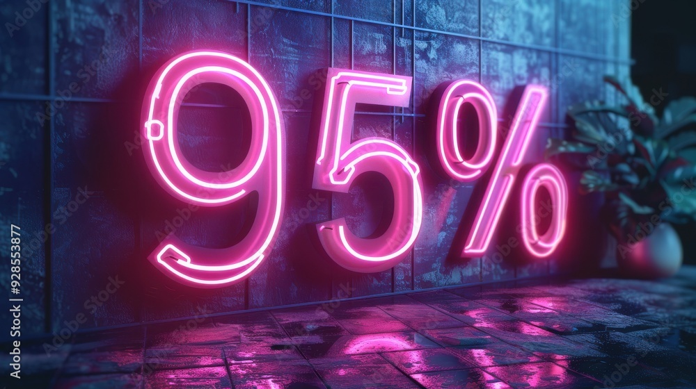 Neon 95 Percent Sign on Wet Urban Street with Reflections Neon 95 Percent Sign on Wet Urban Street with Reflections
