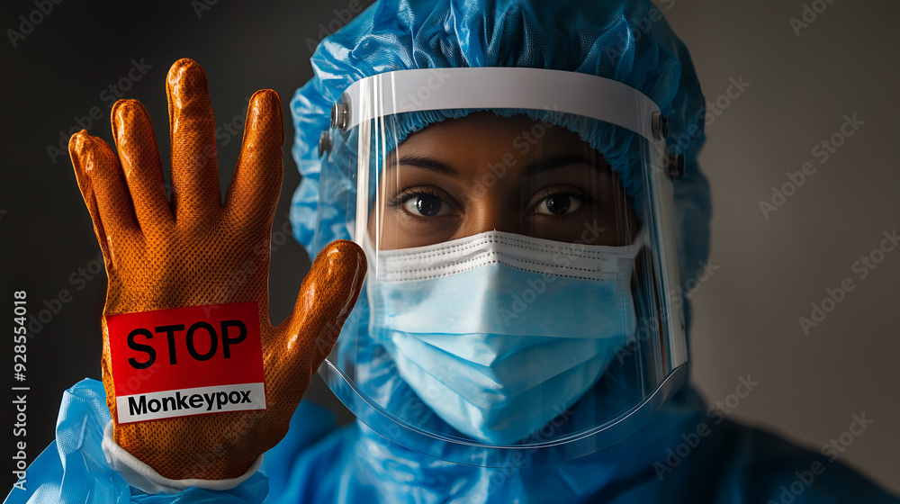 Healthcare professional in protective gear, using symbols such as a stop sign to emphasize the importance of halting the spread of the virus Healthcare professional in protective gear, using symbols such as a stop sign to emphasize the importance of halting the spread of the virus