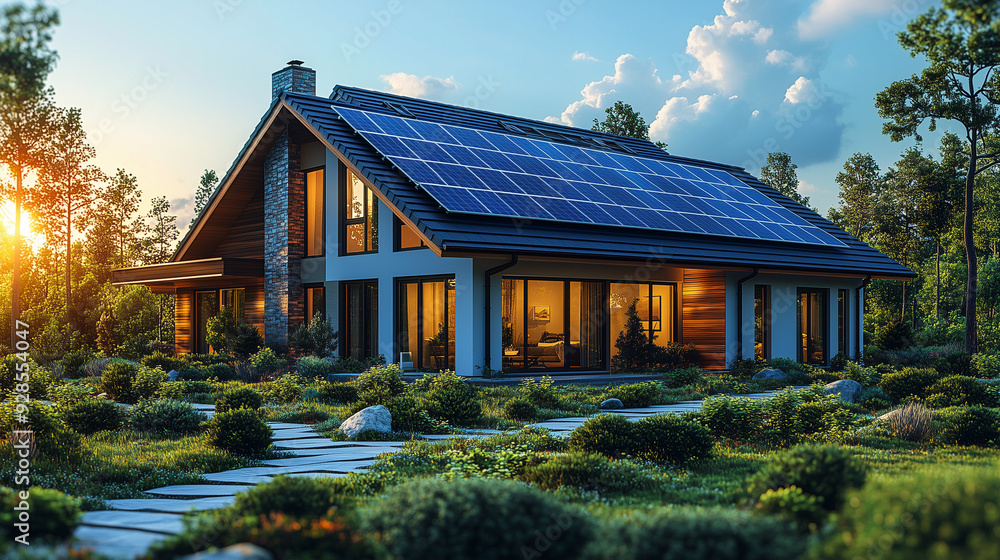 A large house with a lot of windows and a solar panel on the roof. The house is surrounded by a lush green lawn and a path leading to it A large house with a lot of windows and a solar panel on the roof. The house is surrounded by a lush green lawn and a path leading to it
