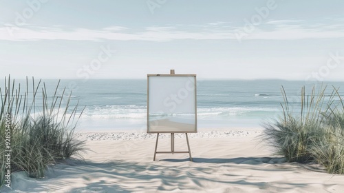 An empty easel stands on the sandy beach, framed by gentle waves and soft grasses, inviting creativity amid the tranquil morning ambiance
