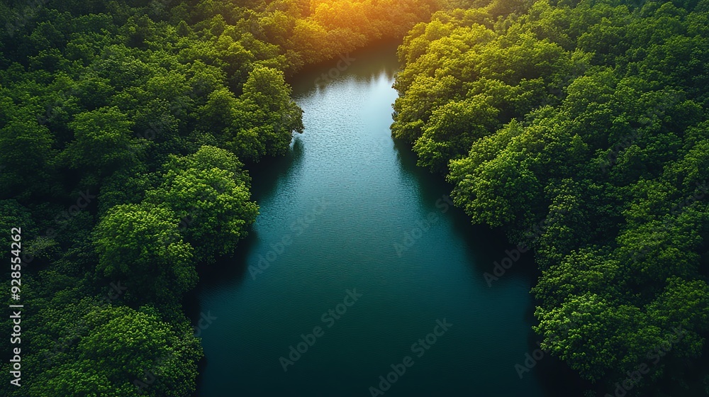 Aerial view of a serene river surrounded by lush green forest, illuminated by the warm glow of the sunset. Aerial view of a serene river surrounded by lush green forest, illuminated by the warm glow of the sunset.