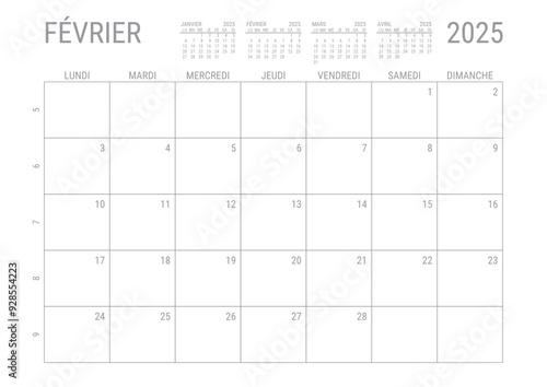 Calendrier Février 2025 Mensual Planificateur avec Numero de Semaine à imprimer A4	