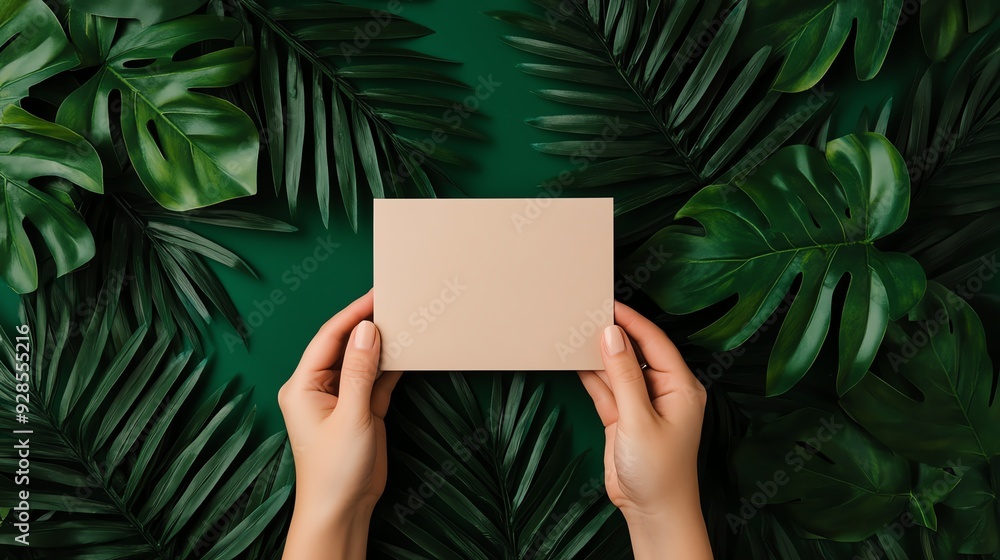 A pair of hands holding a blank box surrounded by lush green leaves, ideal for packaging or gift ideas. A pair of hands holding a blank box surrounded by lush green leaves, ideal for packaging or gift ideas.