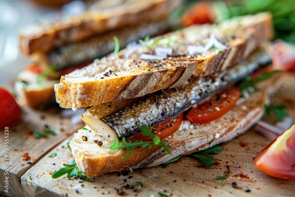 Gourmet Sardine Sandwich with Tomatoes and Arugula on Rustic Bread Gourmet Sardine Sandwich with Tomatoes and Arugula on Rustic Bread