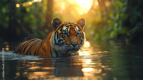 A majestic tiger emerges from the water, surrounded by lush greenery and bathed in golden sunlight, showcasing nature's beauty. photo