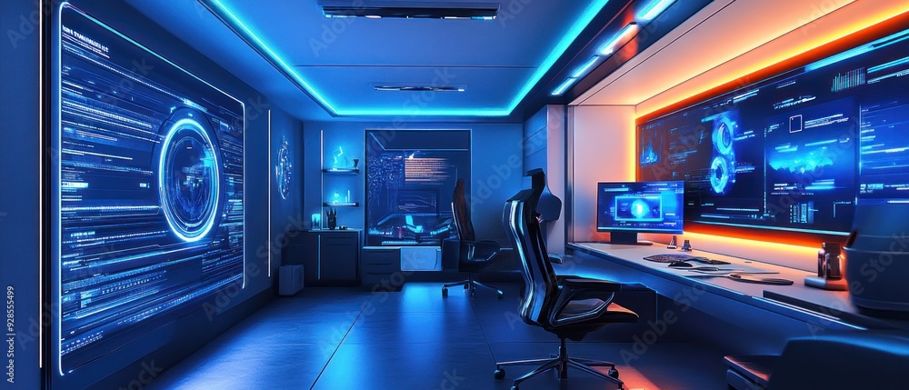 Futuristic Office with Blue and Orange Neon Lights and Computer Screens Displaying Data Futuristic Office with Blue and Orange Neon Lights and Computer Screens Displaying Data