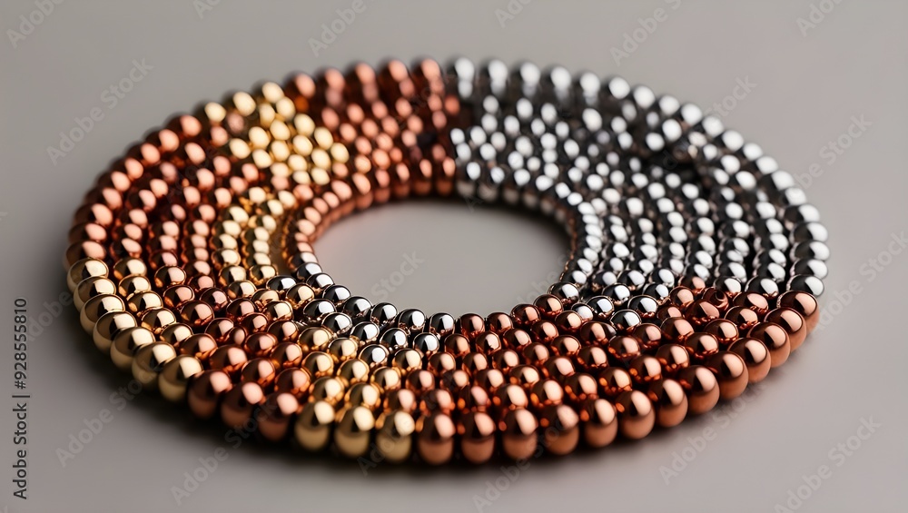 Close-up of small metallic beads in gold, silver, and copper tones arranged in a perfect circle Close-up of small metallic beads in gold, silver, and copper tones arranged in a perfect circle