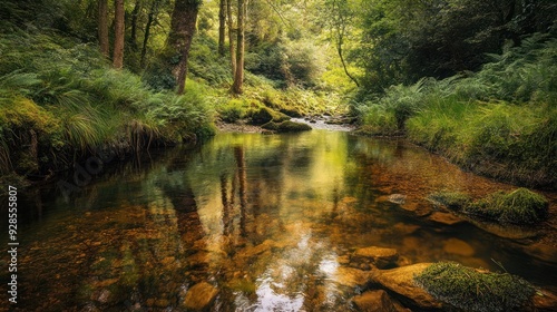 Tranquil Forest Stream with Sunlit Reflections