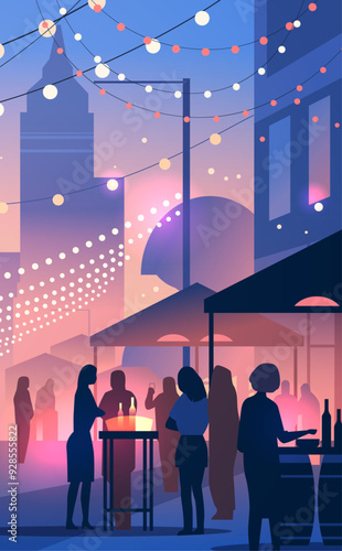 City night outdoor party people silhouettes festive lights modern urban scene evening celebration