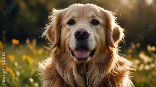 A majestic golden retriever with a flowing coat of fur, basking in the warm sunlight of a spring day.