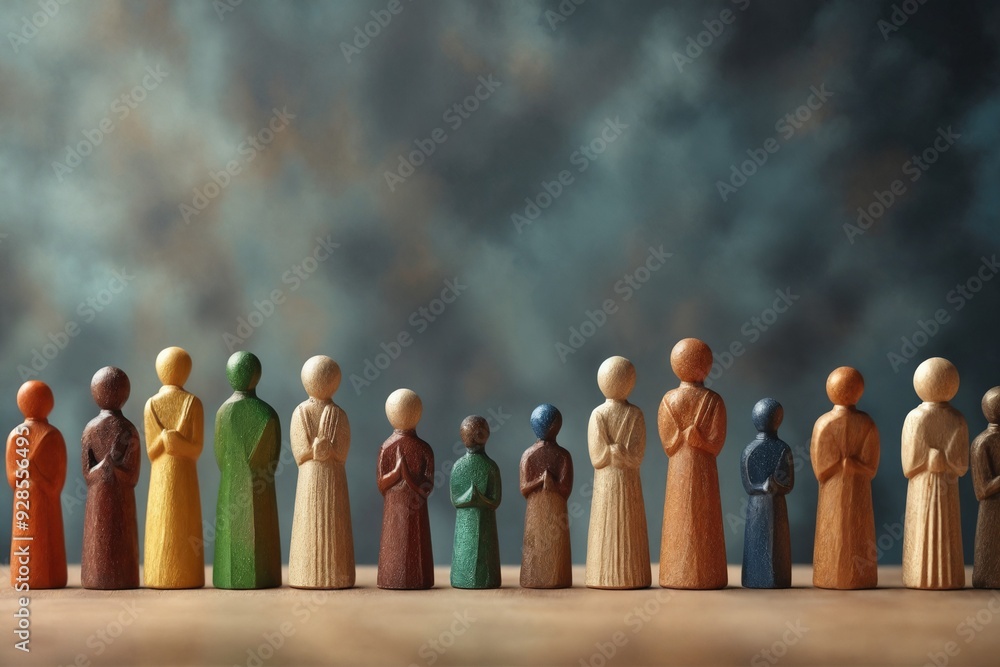 Wooden Figurines in Prayer Position on Table against Blue Background Wooden Figurines in Prayer Position on Table against Blue Background