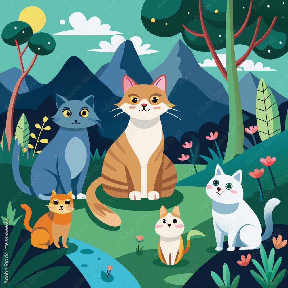 Naklejka premium cat landscape illustration