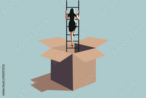 new life beginning start concept, positive thinking, chance - opportunity,  person climbing up stairs out of the box. minimal flat vector illustration 