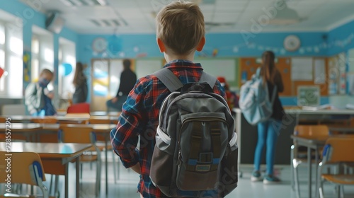 Wallpaper Mural First Day of School: Young Student Steps into Classroom with New Backpack and Anticipation Torontodigital.ca