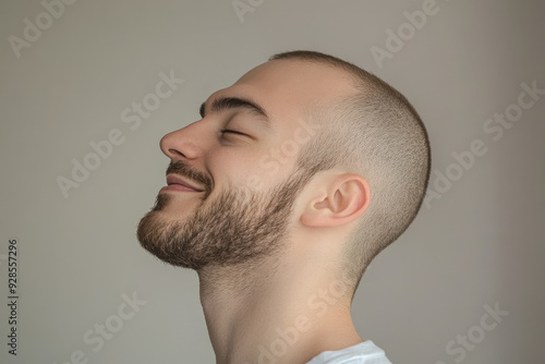 A close up of a man's face with his eyes closed