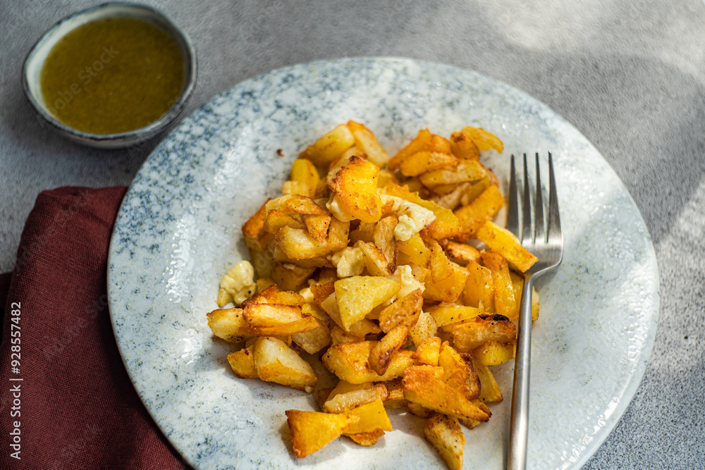 Fried potato slices with sour sauce Fried potato slices with sour sauce