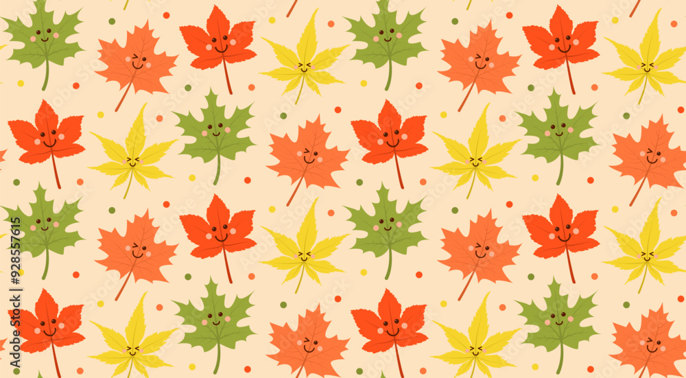 Cute kawaii autumn leaf seamless pattern. Vector cartoon illustration. Cute kawaii autumn leaf seamless pattern. Vector cartoon illustration.