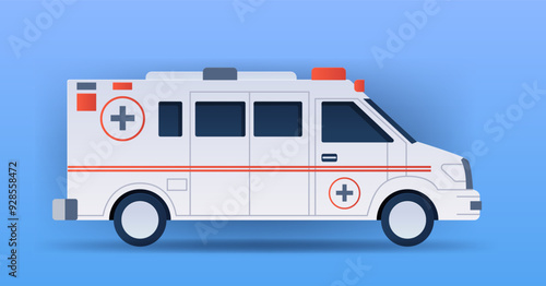 Ambulance vehicle emergency medical service papercut style. Detailed side view of white ambulance with red cross and stripes on blue gradient background