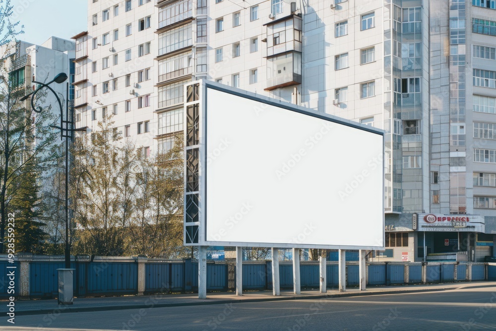 Urban Street with Large Blank Billboard for Advertising in Early Morning Sunlight Urban Street with Large Blank Billboard for Advertising in Early Morning Sunlight