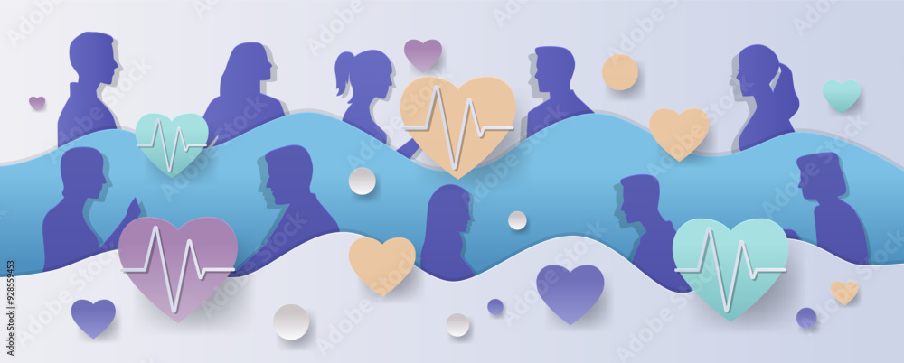 Silhouette figures with heart shapes and wave pattern in paper cut style Silhouette figures with heart shapes and wave pattern in paper cut style