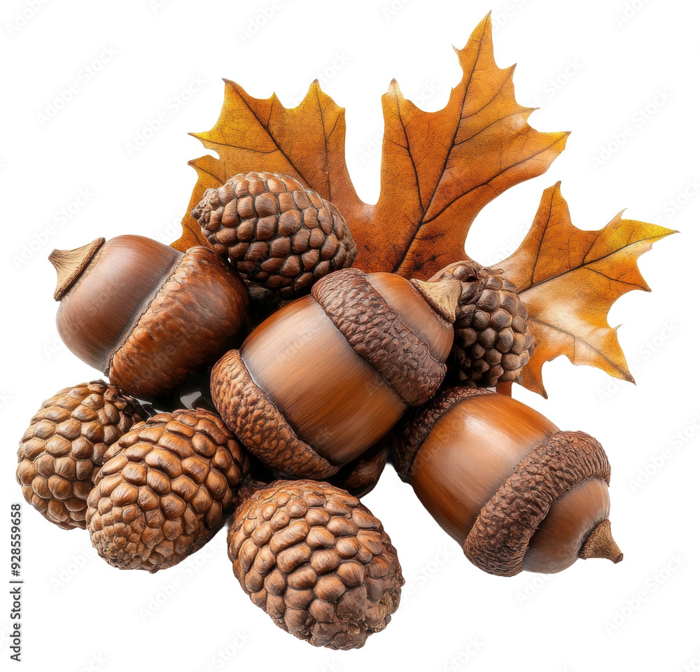 Autumn leaves with acorns and pine cones, cut out - stock png. Autumn leaves with acorns and pine cones, cut out - stock png.