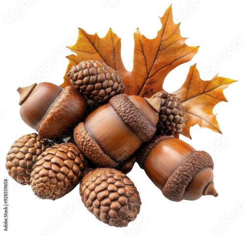 Autumn leaves with acorns and pine cones, cut out - stock png.