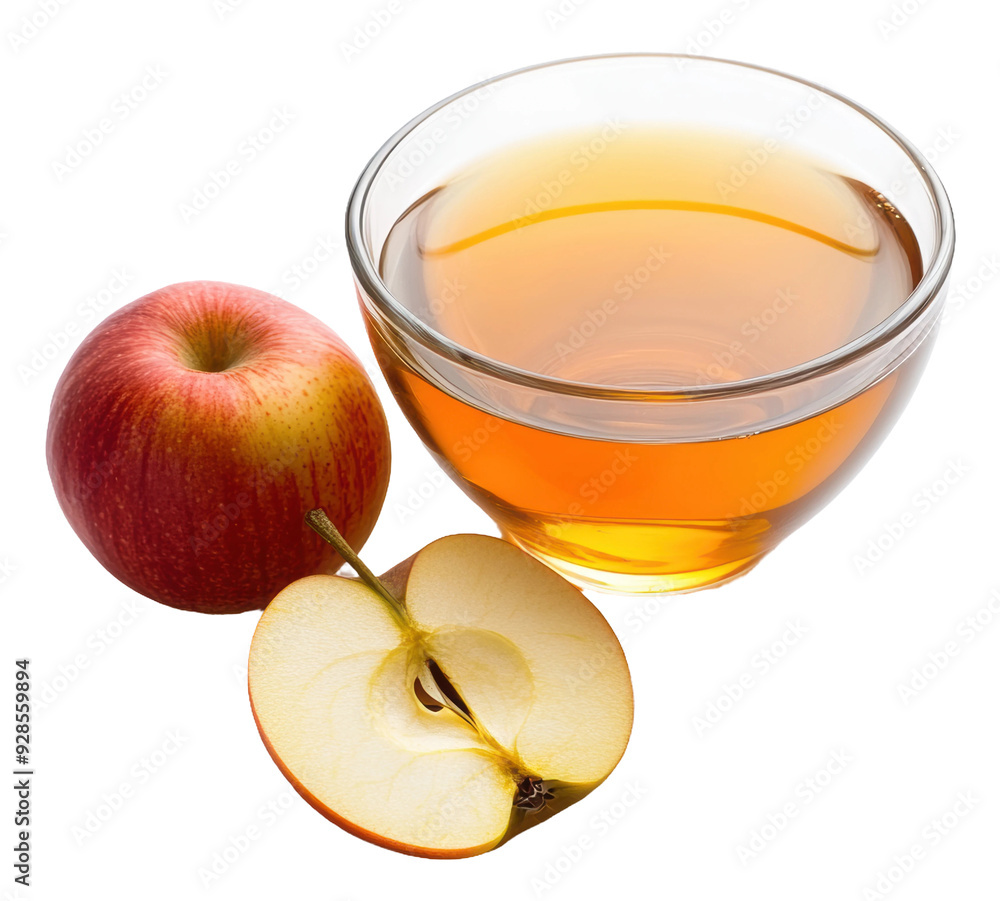 Fresh apple with juice in a bowl, cut out - stock png.