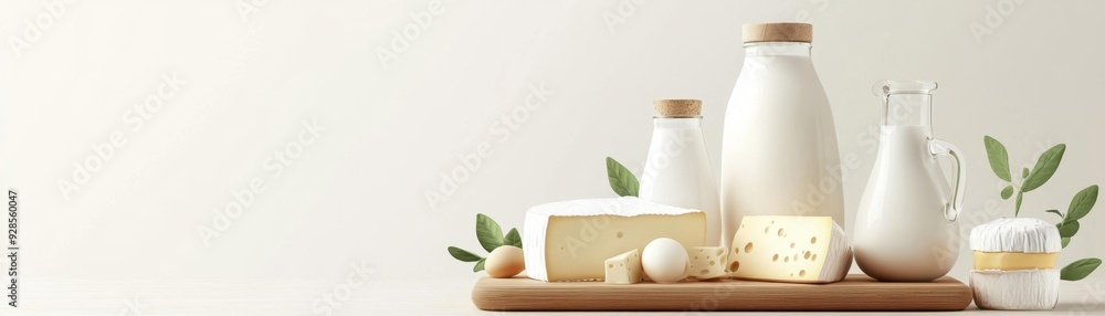 A serene display of dairy products including milk, cheese, and eggs, evoking freshness and simplicity. A serene display of dairy products including milk, cheese, and eggs, evoking freshness and simplicity.