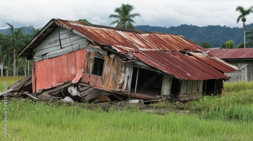 Collapsed House in a Green Field Collapsed House in a Green Field