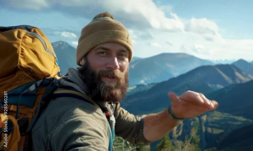 Bearded man with a backpack and beanie hat hiking in the mountains, enjoying a scenic view of nature under a cloudy sky Bearded man with a backpack and beanie hat hiking in the mountains, enjoying a scenic view of nature under a cloudy sky