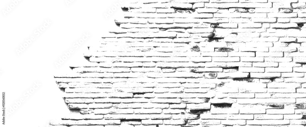 Vector black and white brick wall background, distressed overlay texture of old brickwork, grunge transparent background.