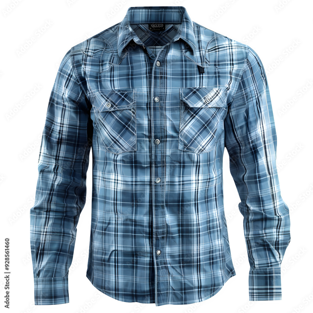 Stylish blue plaid long sleeve shirt on a clear background, perfect for fashion design and digital projects Stylish blue plaid long sleeve shirt on a clear background, perfect for fashion design and digital projects