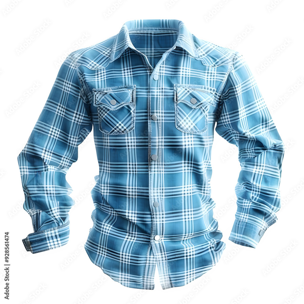 Blue plaid shirt with button-down front and long sleeves, isolated on a transparent background, perfect for fashion design and digital editing projects Blue plaid shirt with button-down front and long sleeves, isolated on a transparent background, perfect for fashion design and digital editing projects