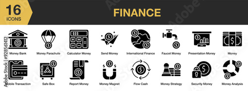 Finance Glyph icon set. Includes bank, presentation, report, safe box, send money, and More. Solid icons vector collection.