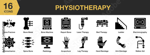 Physiotherapy Glyph icon set. Includes bone metal, ladder, laser therapy, radiology, spine bone, and More. Solid icons vector collection.
