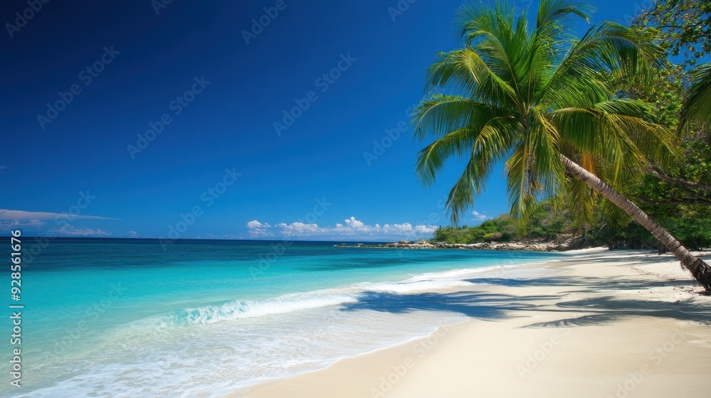 A serene beach scene with clear blue water and a palm tree under a bright sky. A serene beach scene with clear blue water and a palm tree under a bright sky.