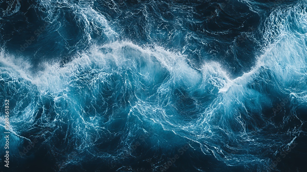 Obraz premium An aerial view of deep blue ocean water with white foamy waves crashing.