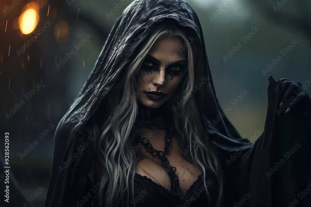 AI generated picture of a mysterious spooky creepy woman standing in a graveyard at night AI generated picture of a mysterious spooky creepy woman standing in a graveyard at night