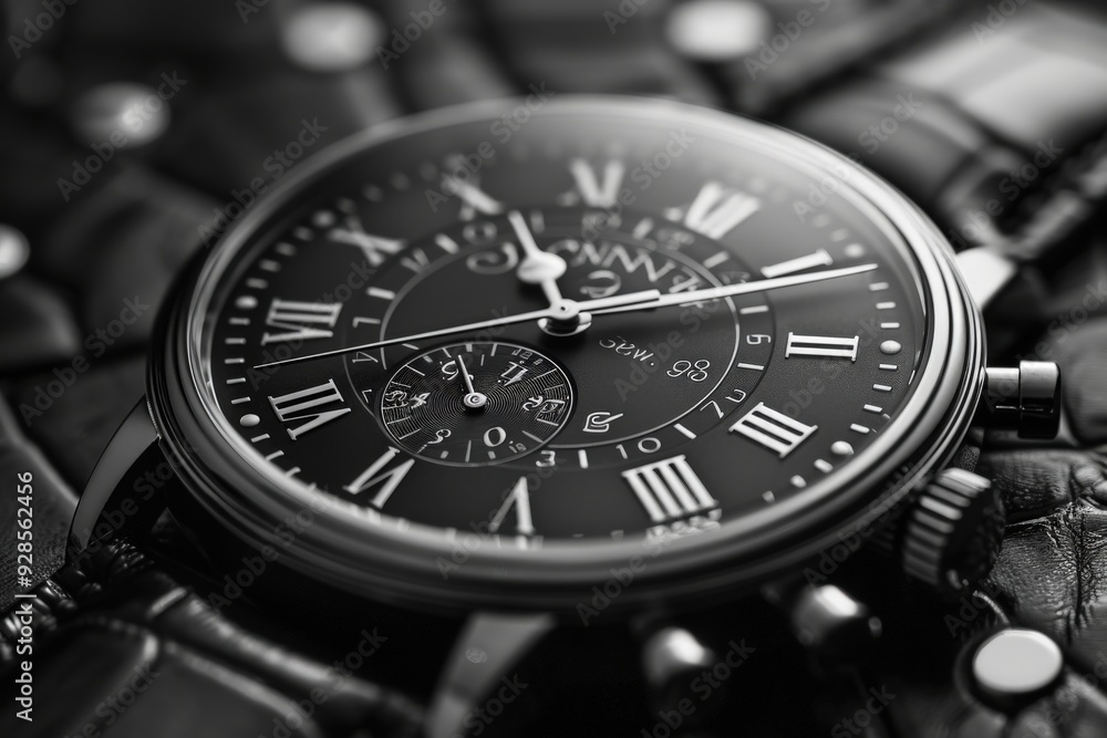 A close-up shot of an elegant wristwatch with roman numerals showcases luxury and craftsmanship. The image highlights the watch's intricate details and timeless design. A close-up shot of an elegant wristwatch with roman numerals showcases luxury and craftsmanship. The image highlights the watch's intricate details and timeless design.