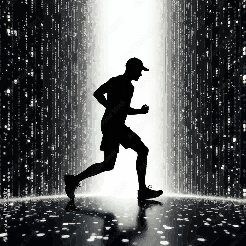 An abstract cyberpunk illustration of a silhouette runner moving ...