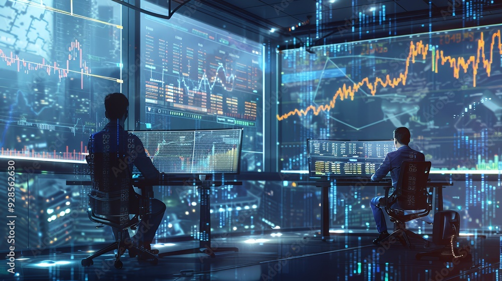 Two businessmen are working in a futuristic office with large screens displaying financial data. Two businessmen are working in a futuristic office with large screens displaying financial data.
