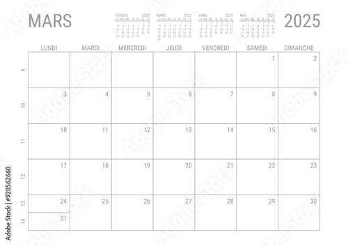 Calendrier Mars 2025 Mensual Planificateur avec Numero de Semaine à imprimer A4	