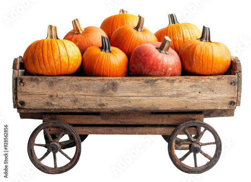 Pumpkins in a wooden cart at a harvest market, cut out - stock png.