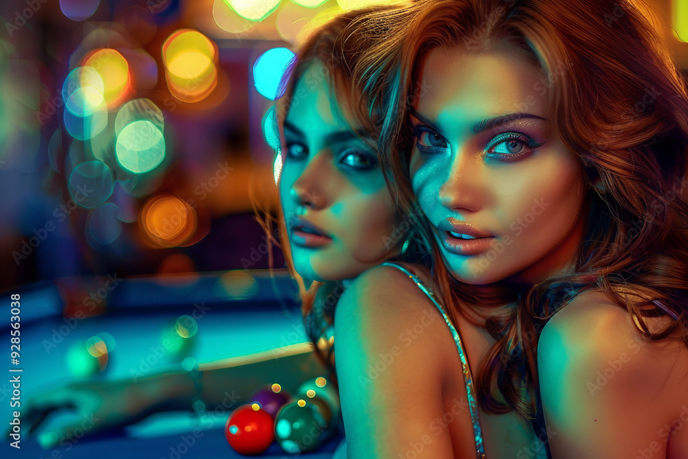 Obraz premium Weekend time with family kids friends in pool billiards club, learning pool play, Generative AI