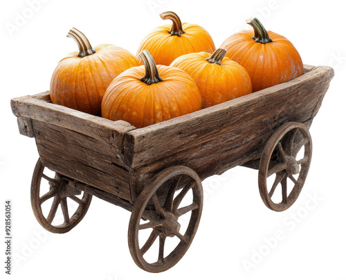 Rustic wooden cart with pumpkins for harvest decor, cut out - stock png. photo